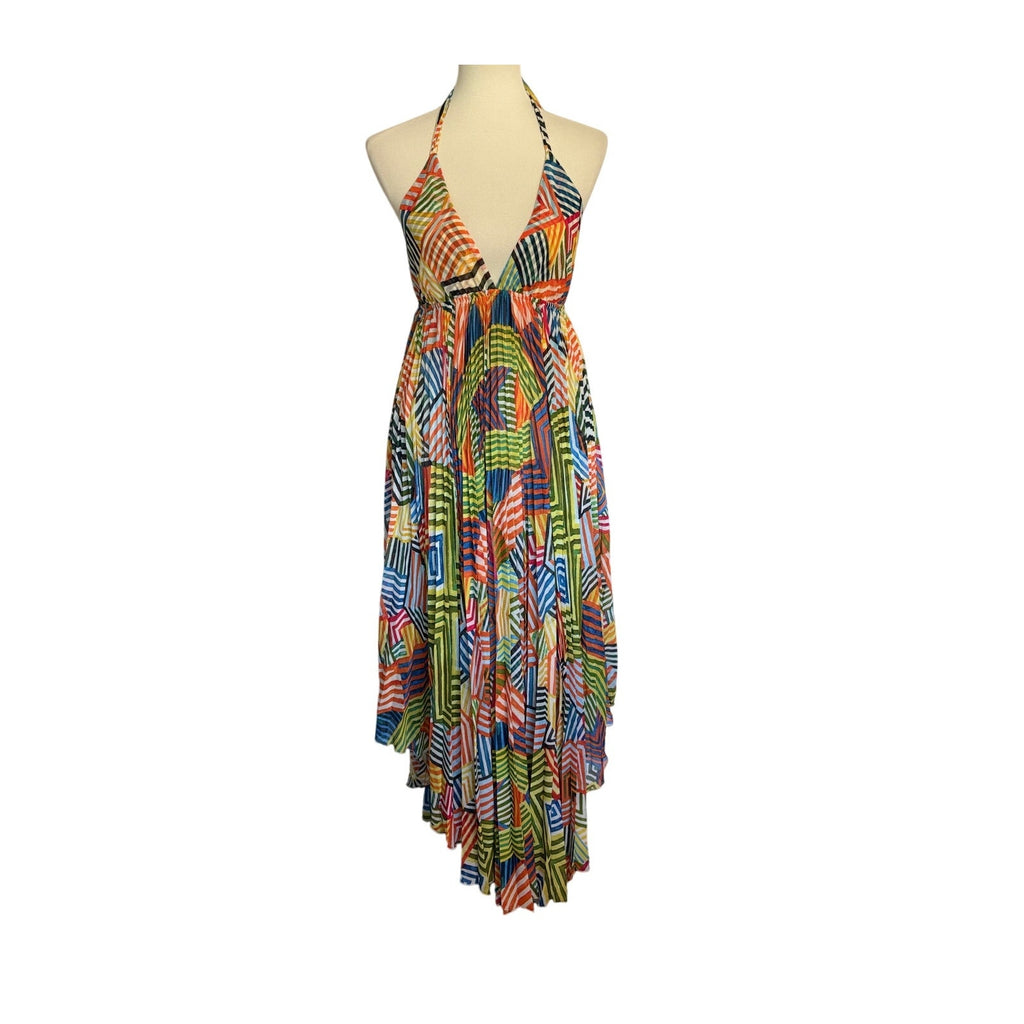 Alice + Olivia Silk Halter Asymmetric Hem Maxi Dress - Multicolor Print - NWT Size 8