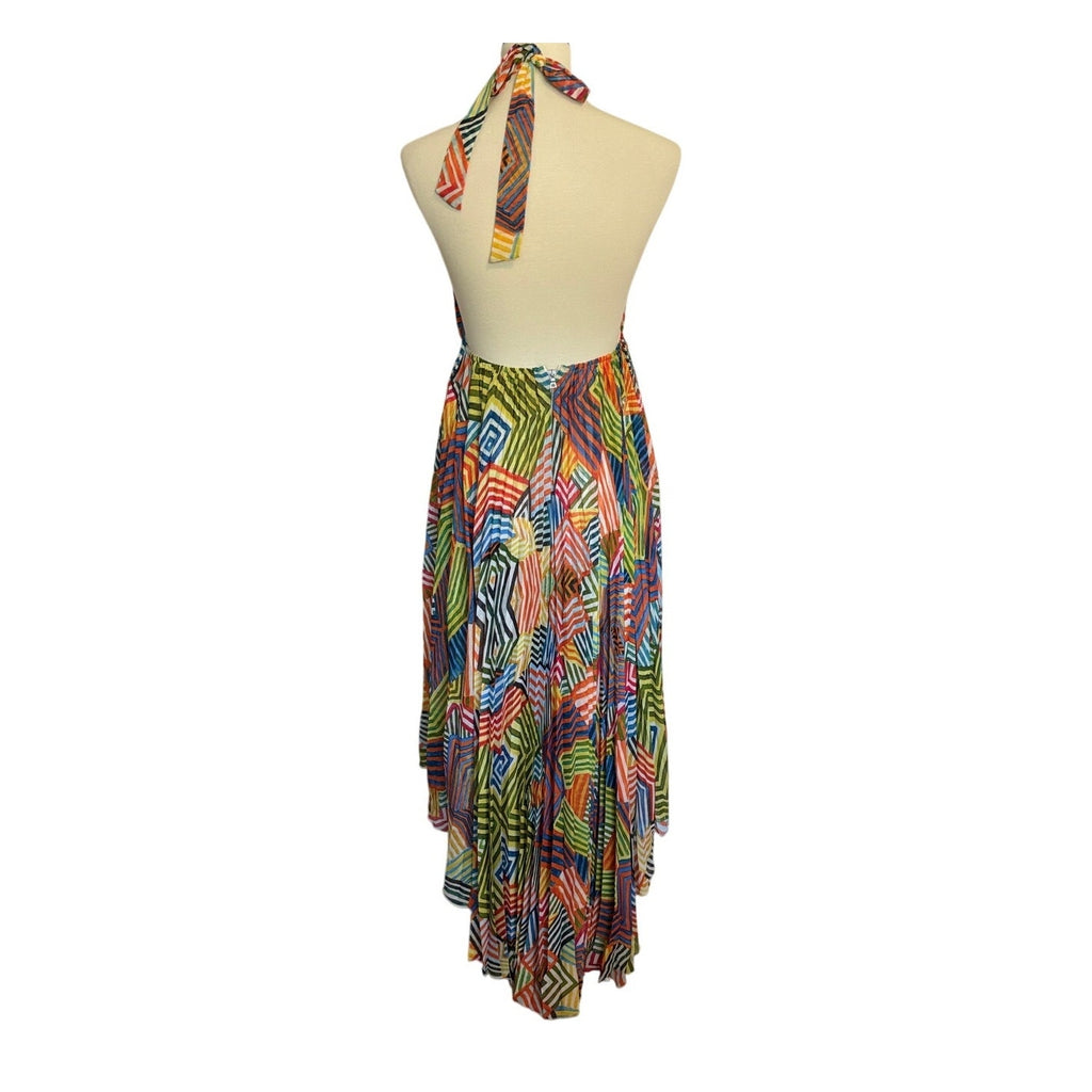 Alice + Olivia Silk Halter Asymmetric Hem Maxi Dress - Multicolor Print - NWT Size 8