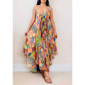 Alice + Olivia Silk Halter Asymmetric Hem Maxi Dress - Multicolor Print - NWT Size 8