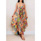 Alice + Olivia Silk Halter Asymmetric Hem Maxi Dress - Multicolor Print - NWT Size 8