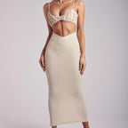 Meshki Roxie V Waistband Knit Maxi Skirt - Stone Beige - Size Extra Small