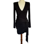 ALICE + OLIVIA Kyra Deep V Drapey Long Sleeve Mini Dress - Black- Size 4