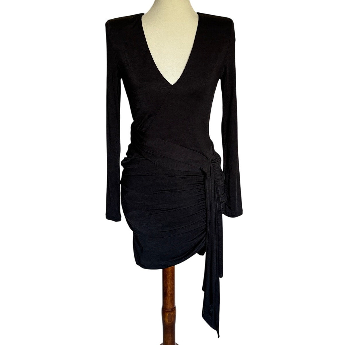 ALICE + OLIVIA Kyra Deep V Drapey Long Sleeve Mini Dress - Black- Size 4
