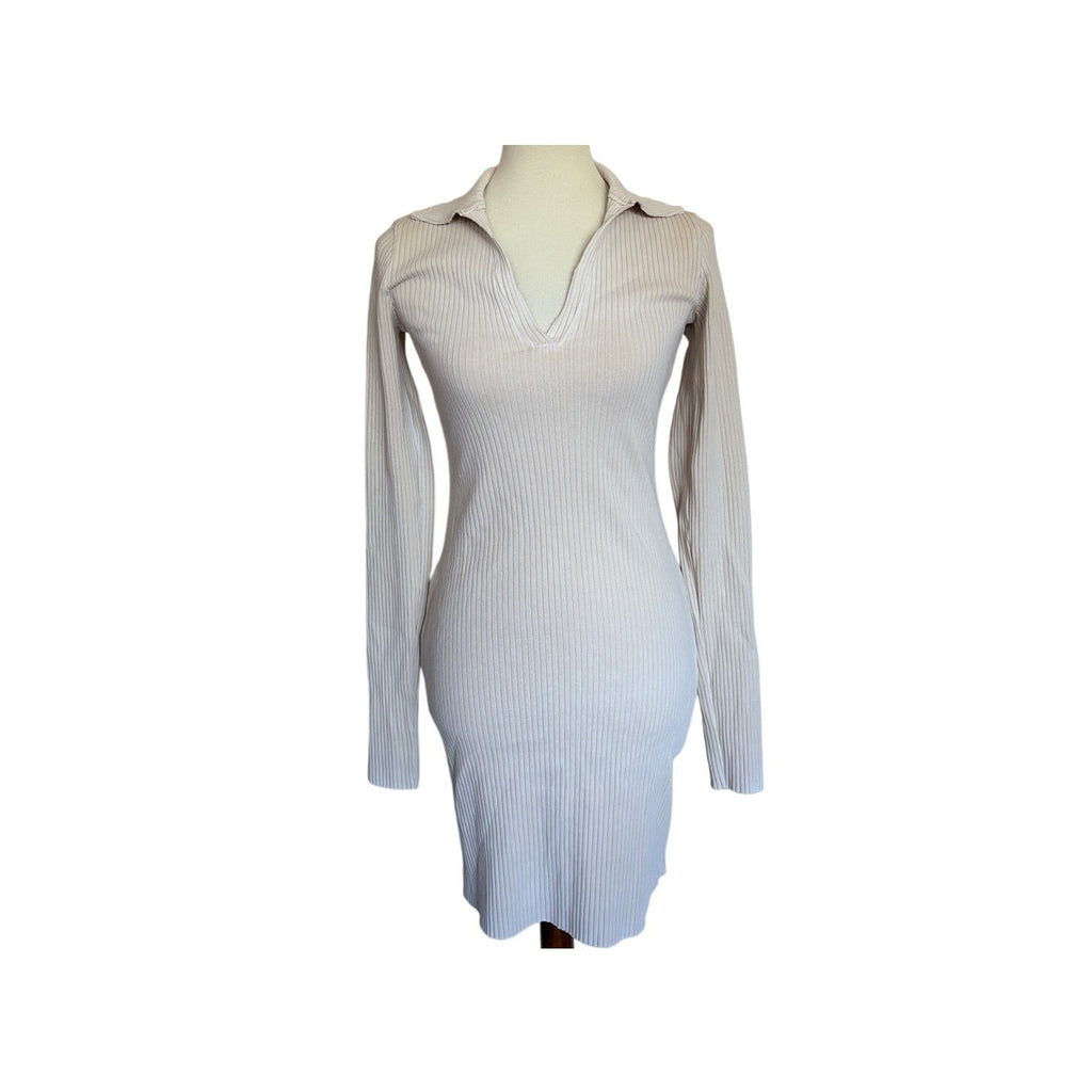 COTTON CITIZEN Ibiza Ribbed Long Sleeve Polo Mini Dress - Cream - Size  L