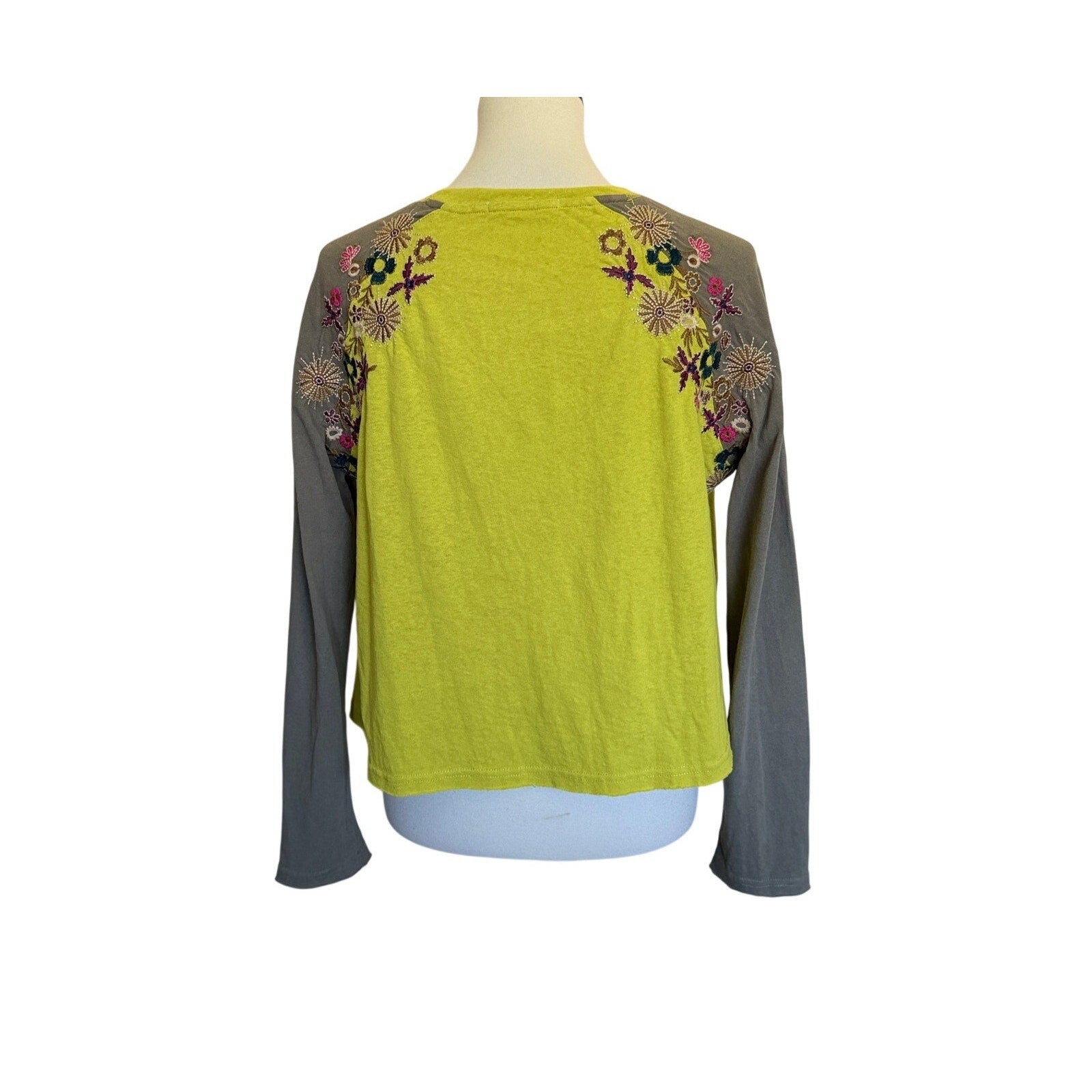 NATURAL LIFE Long Sleeve Embroidered Tee - Yellow and Brown - Size Small