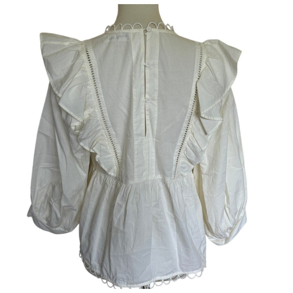 APIECE APART Ruffle 3/4 Sleeve Cotton Blouse - Cream - Size 2