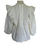 APIECE APART Ruffle 3/4 Sleeve Cotton Blouse - Cream - Size 2