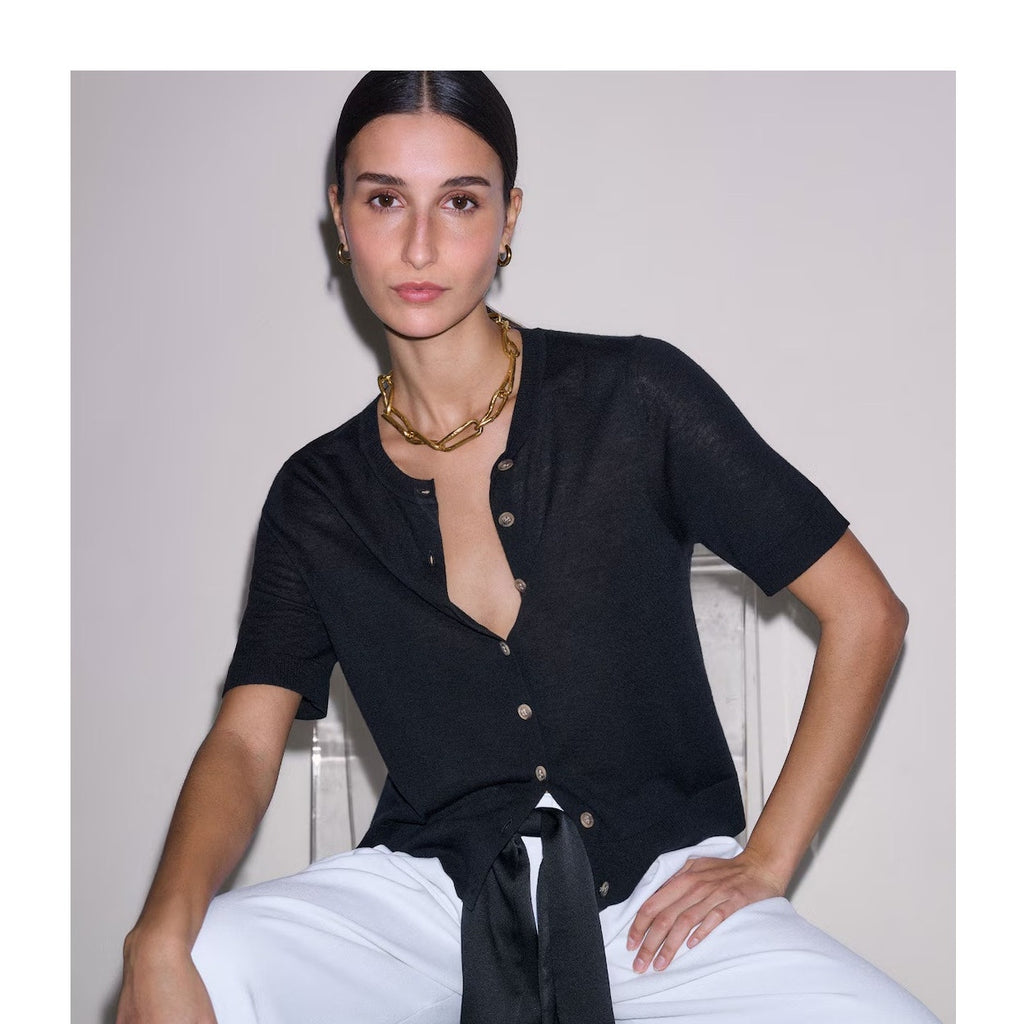 ME+EM women's size 4 black superfine merino wool cashmere barely there short sleeve button down tee front view