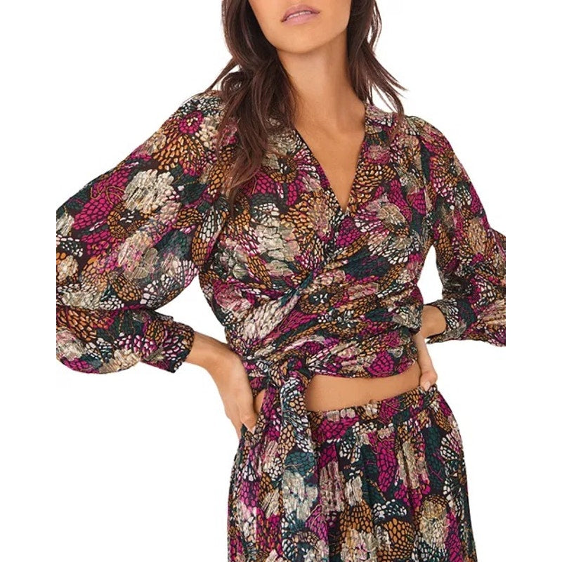 BA&SH Leia Printed Cropped Wrap Top - Emerald - Medium