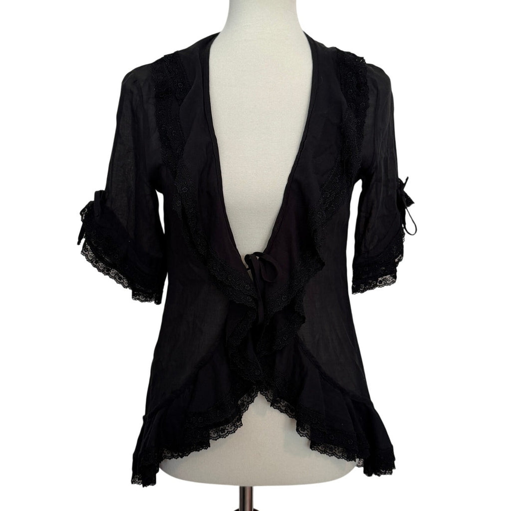 Charo Ruiz Tie Front Lace Trim Top / Cover Up - Black - Small