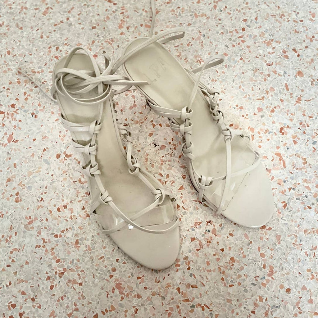 LPA Talia Leather Ankle Wrap Sandal Heels - Ivory - Size 10