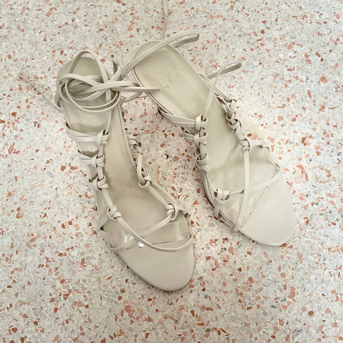 LPA Talia Leather Ankle Wrap Sandal Heels - Ivory - Size 10