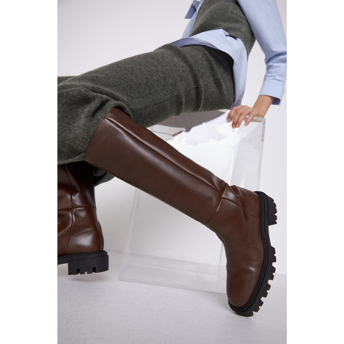Zara Tall Brown Leather Chunky Boot - Size 38 / 8